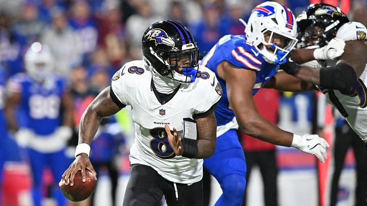 Sep 7, 2025; Orchard Park, New York, USA; Baltimore Ravens quarterback Lamar Jackson (8) runs the ball during the fourth quarter against the Buffalo Bills at Highmark Stadium. Sep 7, 2025; Orchard Park, New York, USA; Baltimore Ravens quarterback Lamar Jackson (8) runs the ball during the fourth quarter against the Buffalo Bills at Highmark Stadium.