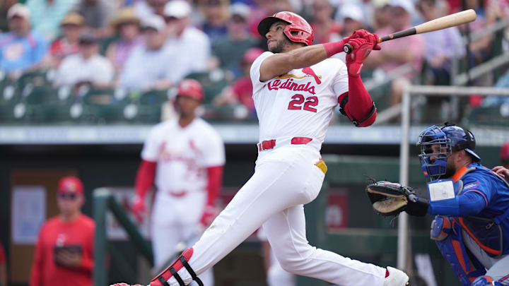 Mar 7, 2026; Jupiter, Florida, USA; St. Louis Cardinals right fielder Joshua Baez (22) hits a home run in the second inning against the New York Mets at Roger Dean Chevrolet Stadium. Mandatory Credit: Jim Rassol-Imagn Images Mar 7, 2026; Jupiter, Florida, USA; St. Louis Cardinals right fielder Joshua Baez (22) hits a home run in the second inning against the New York Mets at Roger Dean Chevrolet Stadium. Mandatory Credit: Jim Rassol-Imagn Images