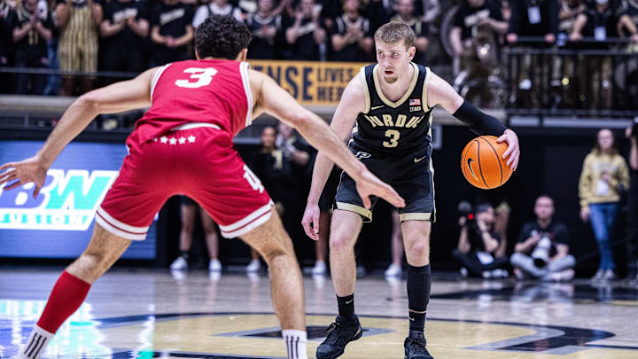 Purdue Boilermakers guard Braden Smith (3) the ball while Indiana Hoosiers guard Anthony Leal (3) defends
