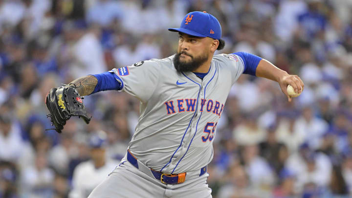 Oct 20, 2024; Los Angeles, California, USA; New York Mets pitcher Sean Manaea (59) pitches against the Los Angeles Dodgers in the second inning during game six of the NLCS for the 2024 MLB playoffs at Dodger Stadium. Mandatory Credit: Jayne Kamin-Oncea-Imagn Images Oct 20, 2024; Los Angeles, California, USA; New York Mets pitcher Sean Manaea (59) pitches against the Los Angeles Dodgers in the second inning during game six of the NLCS for the 2024 MLB playoffs at Dodger Stadium. Mandatory Credit: Jayne Kamin-Oncea-Imagn Images