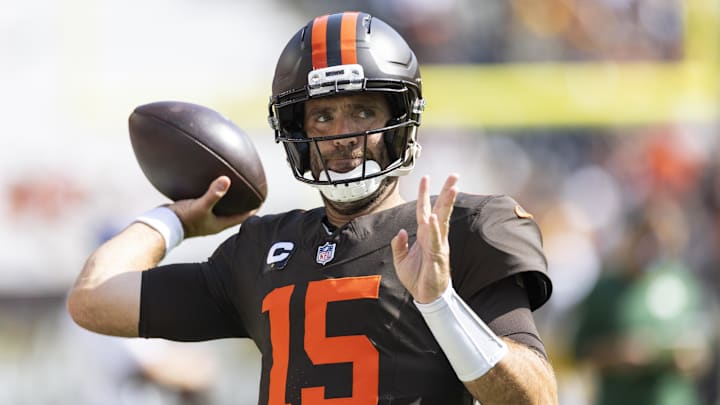 Sep 21, 2025; Cleveland, Ohio, USA; Cleveland Browns quarterback Joe Flacco (15) throws the ball during warm ups before the game against the Green Bay Packers at Huntington Bank Field. Mandatory Credit: Scott Galvin-Imagn Images