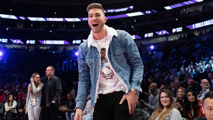 February 15, 2020; Chicago, Illinois, USA; Miami Heat forward Meyers Leonard (0) during NBA All Star Saturday Night at United Center. Mandatory Credit: Kyle Terada-Imagn Images