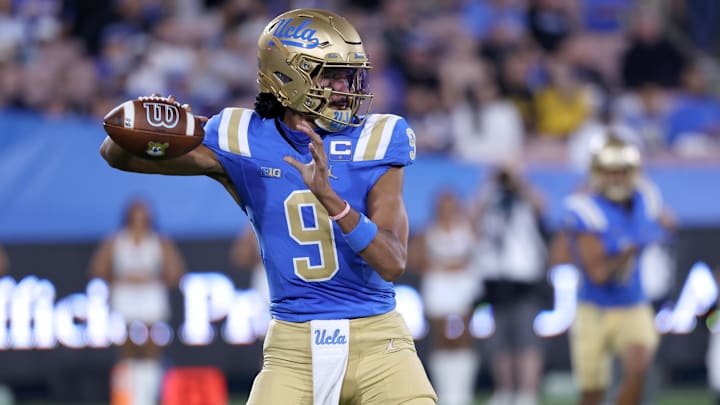 Sep 12, 2025; Pasadena, California, USA;  UCLA Bruins quarterback Nico Iamaleava (9) looks to pass during the first quarter against the New Mexico Lobos at Rose Bowl. Mandatory Credit: Kiyoshi Mio-Imagn Images