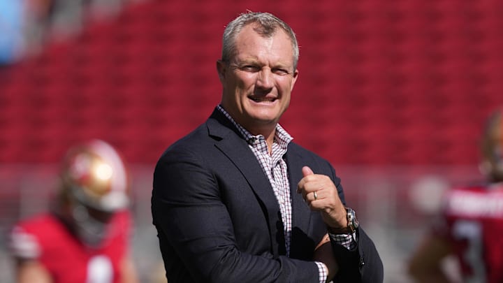 Oct 6, 2024; Santa Clara, California, USA; San Francisco 49ers general manager John Lynch before the game against the Arizona Cardinals at Levi's Stadium. Mandatory Credit: Darren Yamashita-Imagn Images Oct 6, 2024; Santa Clara, California, USA; San Francisco 49ers general manager John Lynch before the game against the Arizona Cardinals at Levi's Stadium. Mandatory Credit: Darren Yamashita-Imagn Images