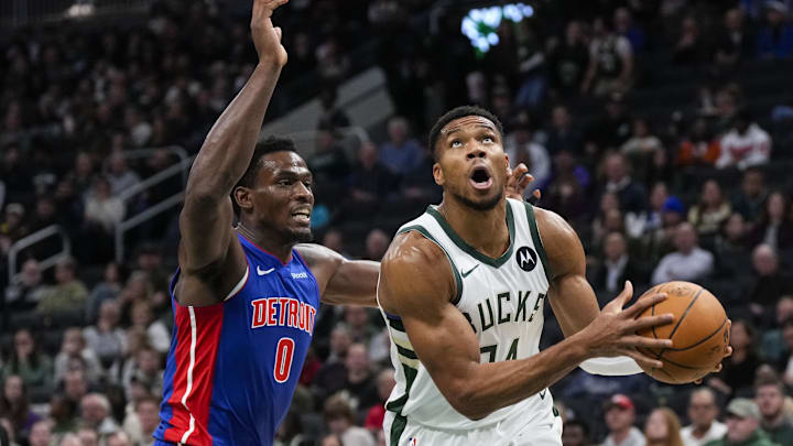 Nov 13, 2024; Milwaukee, Wisconsin, USA;  Milwaukee Bucks forward Giannis Antetokounmpo (34) drives for the basket during the first quarter against the Detroit Pistons at Fiserv Forum. Mandatory Credit: Jeff Hanisch-Imagn Images