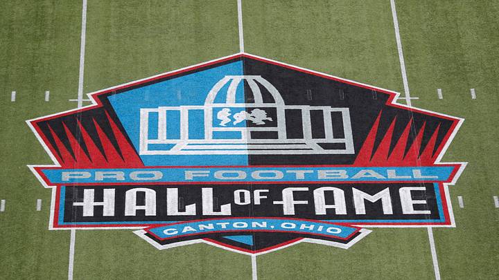 Aug 1, 2024; Canton, Ohio, USA; General view of the logo at mid-field at the Tom Benson Hall of Fame Stadium site of the Professional Football Hall of Fame game and Class of 2024 induction ceremonies. Mandatory Credit: Charles LeClaire-USA TODAY Sports Aug 1, 2024; Canton, Ohio, USA; General view of the logo at mid-field at the Tom Benson Hall of Fame Stadium site of the Professional Football Hall of Fame game and Class of 2024 induction ceremonies. Mandatory Credit: Charles LeClaire-USA TODAY Sports
