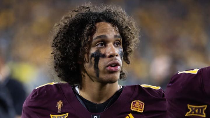 Nov 28, 2025; Tempe, Arizona, USA; Arizona State Sun Devils wide receiver Jordyn Tyson (0) against the Arizona Wildcats during the 99th Territorial Cup at Mountain America Stadium. Mandatory Credit: Mark J. Rebilas-Imagn Images