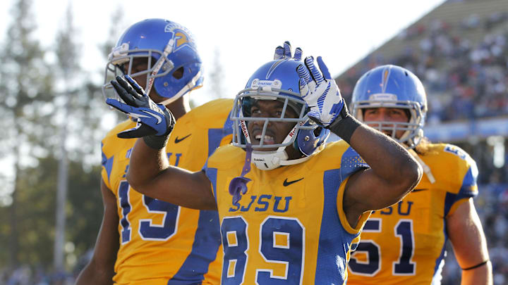 San Jose State Spartans wide receiver Chandler Jones (89) reacts after catching a touchdown pass against the Fresno State Bulldogs in the second quarter at Spartan Stadium.