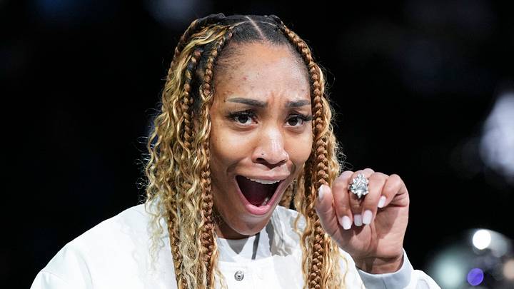 Las Vegas, Nevada, USA; Las Vegas Aces center A'ja Wilson (22) reacts to receiving their 2025 WNBA Championship rings before their game against the Phoenix Mercury at T-Mobile Arena, on May 9, 2026.