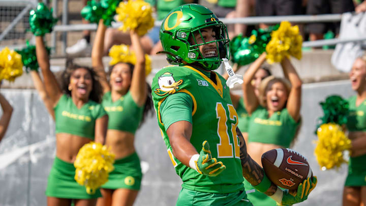 Oregon defensive back Peyton Woodyard scores off an interception as the Oregon Ducks host the Oklahoma State Cowboys on Sept. 6, 2025, at Autzen Stadium in Eugene, Oregon.