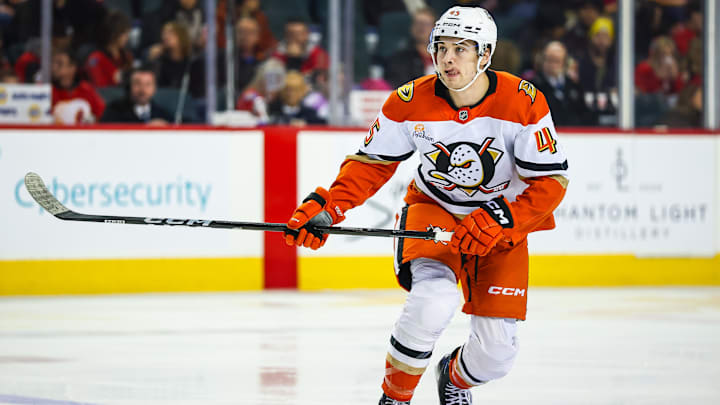 Jan 25, 2026; Calgary, Alberta, CAN; Anaheim Ducks right wing Beckett Sennecke (45) skates against the Calgary Flames during the third period at Scotiabank Saddledome. Mandatory Credit: Sergei Belski-Imagn Images
