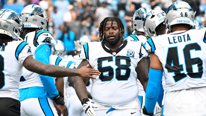 Sep 15, 2024; Charlotte, North Carolina, USA; Carolina Panthers guard Damien Lewis (68) before the game at Bank of America Stadium. Mandatory Credit: Bob Donnan-Imagn Images