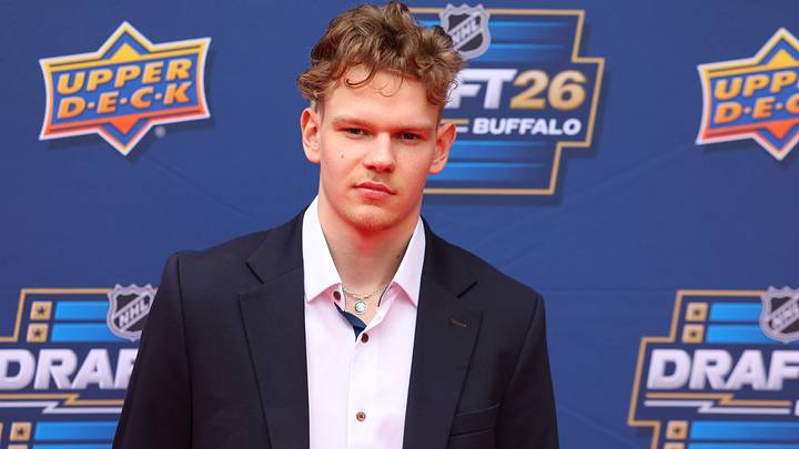 Jun 26, 2026; Buffalo, New York, USA; NHL prospect Alberts Smits before the first round of the 2026 NHL Draft at KeyBank Center. Jun 26, 2026; Buffalo, New York, USA; NHL prospect Alberts Smits before the first round of the 2026 NHL Draft at KeyBank Center.