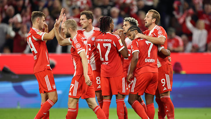 Bayern Munich players celebrating a goal against RB Leipzig.