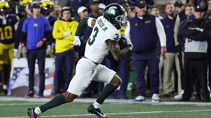 Oct 26, 2024; Ann Arbor, Michigan, USA;  Michigan State Spartans wide receiver Montorie Foster Jr. (3) runs the bases in the first half against the Michigan Wolverines at Michigan Stadium. Mandatory Credit: Rick Osentoski-Imagn Images