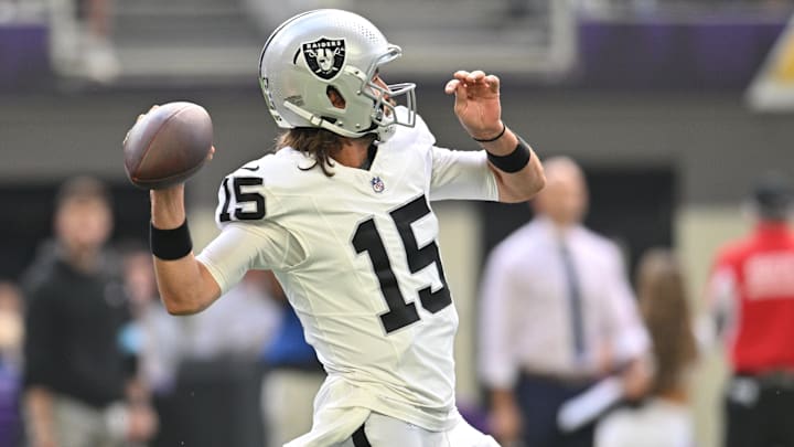 Aug 10, 2024; Minneapolis, Minnesota, USA; Las Vegas Raiders quarterback Gardner Minshew (15) throws a pass against the Minnesota Vikings during the second quarter at U.S. Bank Stadium. Aug 10, 2024; Minneapolis, Minnesota, USA; Las Vegas Raiders quarterback Gardner Minshew (15) throws a pass against the Minnesota Vikings during the second quarter at U.S. Bank Stadium.