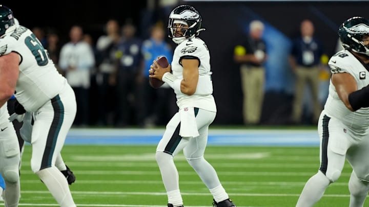Dec 8, 2025; Inglewood, California, USA; Philadelphia Eagles quarterback Jalen Hurts (1) looks to pass against the Los Angeles Chargers in the first half at SoFi Stadium. Mandatory Credit: Kirby Lee-Imagn Images Dec 8, 2025; Inglewood, California, USA; Philadelphia Eagles quarterback Jalen Hurts (1) looks to pass against the Los Angeles Chargers in the first half at SoFi Stadium. Mandatory Credit: Kirby Lee-Imagn Images