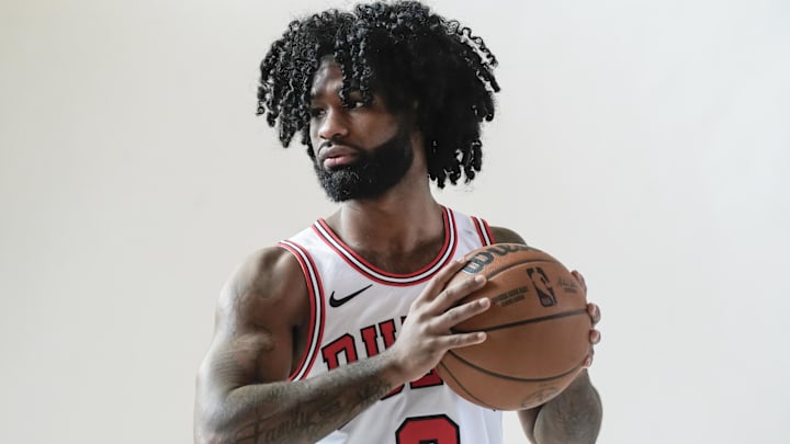 Sep 29, 2025; Chicago, IL, USA; Chicago Bulls guard Coby White (0) poses for photos during Chicago Bulls Media Day. Mandatory Credit: David Banks-Imagn Images
