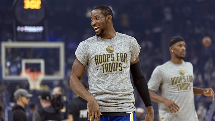 Nov 9, 2025; San Francisco, California, USA; Golden State Warriors forward Jonathan Kuminga (1) warms up before facing the Indiana Pacers at Chase Center. 