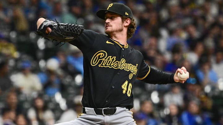 Apr 24, 2026; Milwaukee, Wisconsin, USA;  Pittsburgh Pirates pitcher Mason Montgomery (46) throws a pitch in the eighth inning against the Milwaukee Brewers at American Family Field. Mandatory Credit: Benny Sieu-Imagn Images