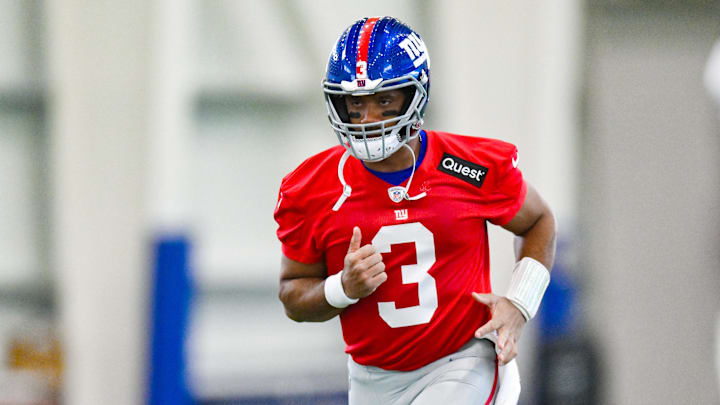 Jun 18, 2025; East Rutherford, NJ, USA; New York Giants quarterback Russell Wilson (3) warms up during minicamp at Quest Diagnostics Training Center. Mandatory Credit: John Jones-Imagn Images Jun 18, 2025; East Rutherford, NJ, USA; New York Giants quarterback Russell Wilson (3) warms up during minicamp at Quest Diagnostics Training Center. Mandatory Credit: John Jones-Imagn Images