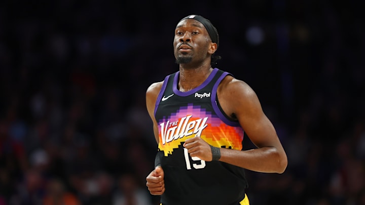 Feb 22, 2026; Phoenix, Arizona, USA; Phoenix Suns center Mark Williams (15) against the Portland Trail Blazers at Mortgage Matchup Center. Mandatory Credit: Mark J. Rebilas-Imagn Images