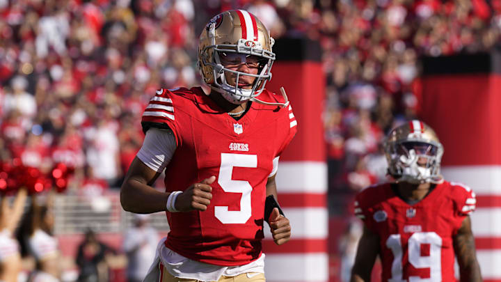 Sep 9, 2024; Santa Clara, California, USA; San Francisco 49ers quarterback Joshua Dobbs (5) before the game against the New York Jets at Levi's Stadium. Mandatory Credit: Darren Yamashita-Imagn Images Sep 9, 2024; Santa Clara, California, USA; San Francisco 49ers quarterback Joshua Dobbs (5) before the game against the New York Jets at Levi's Stadium. Mandatory Credit: Darren Yamashita-Imagn Images