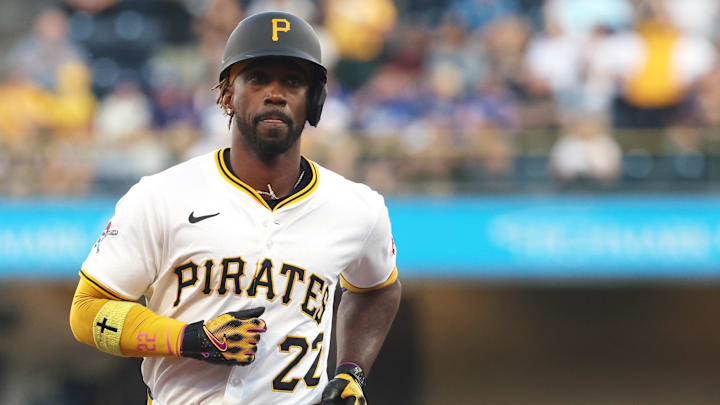 Sep 3, 2025; Pittsburgh, Pennsylvania, USA;  Pittsburgh Pirates designated hitter Andrew McCutchen (22) circles the bases on a solo home run against the Los Angeles Dodgers during the second inning at PNC Park. Mandatory Credit: Charles LeClaire-Imagn Images