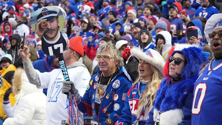 Nov 16, 2025; Orchard Park, New York, USA;  Buffalo Bills fans cheer during the second half of the game against the Tampa Bay Buccaneers at Highmark Stadium.