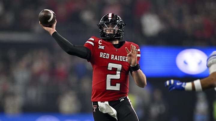 Dec 6, 2025; Arlington, TX, USA; Texas Tech Red Raiders quarterback Behren Morton (2) throws the ball during the second half against the BYU Cougars at AT&T Stadium. Mandatory Credit: Jerome Miron-Imagn Images