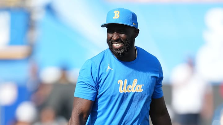 Sep 14, 2024; Pasadena, California, USA; UCLA Bruins head coach DeShaun Foster reacts in the first half against the Indiana Hoosiers at Rose Bowl. Mandatory Credit: Kirby Lee-Imagn Images