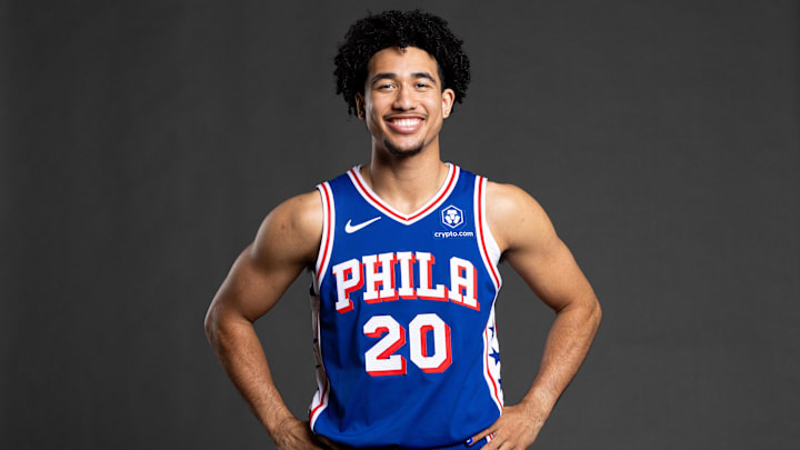 Sep 30, 2024; Camden, NJ, USA; Philadelphia 76ers guard Jared McCain (20) poses for a photo on media day at the Philadelphia 76ers Training Complex. Mandatory Credit: Bill Streicher-Imagn Images