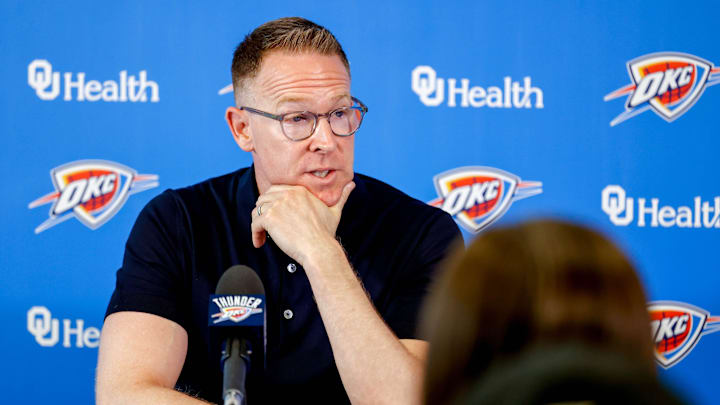 Sam Presti speaks to the press in Oklahoma City, on Tuesday, May 28, 2024.