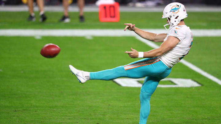 Dec 26, 2020; Paradise, Nevada, USA; Miami Dolphins punter Matt Haack (2) against the Las Vegas Raiders at Allegiant Stadium. Mandatory Credit: Mark J. Rebilas-Imagn Images Dec 26, 2020; Paradise, Nevada, USA; Miami Dolphins punter Matt Haack (2) against the Las Vegas Raiders at Allegiant Stadium. Mandatory Credit: Mark J. Rebilas-Imagn Images