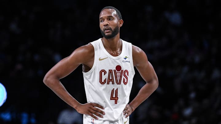 Feb 20, 2025; Brooklyn, New York, USA; Cleveland Cavaliers forward Evan Mobley (4) during the first half against the Brooklyn Nets at Barclays Center. Mandatory Credit: John Jones-Imagn Images