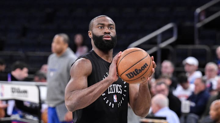 Apr 8, 2025; New York, New York, USA; Boston Celtics guard Jaylen Brown (7) warms up before a game against the New York Knicks at Madison Square Garden. Mandatory Credit: John Jones-Imagn Images
