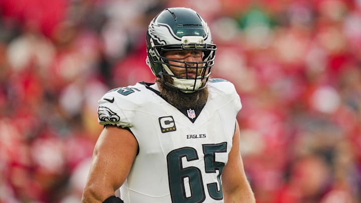 Sep 14, 2025; Kansas City, Missouri, USA; Philadelphia Eagles offensive tackle Lane Johnson (65) reacts during the second half against the Kansas City Chiefs at GEHA Field at Arrowhead Stadium. 