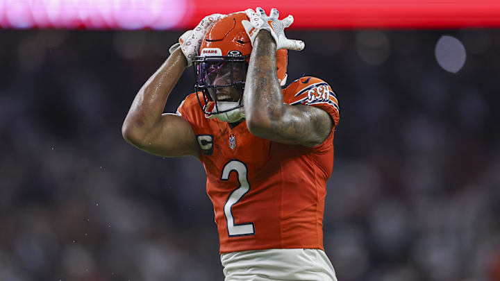 DJ Moore reacts after a missed chance on a pass in Sunday night's game against the Texans. DJ Moore reacts after a missed chance on a pass in Sunday night's game against the Texans.