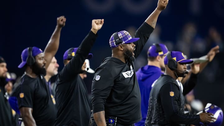 Minnesota Vikings defensive line coach Marcus Dixon against the Los Angeles Rams during an NFC wild-card game. Minnesota Vikings defensive line coach Marcus Dixon against the Los Angeles Rams during an NFC wild-card game.