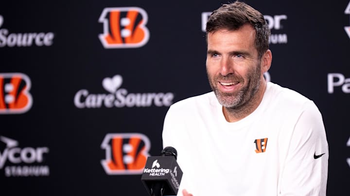 Bengals quarterback Joe Flacco speaks to the media during a press conference in Cincinnati on Oct. 10, 2025.
