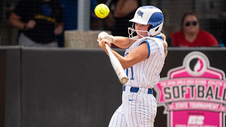 Van Meter's Mady Schnell bats during the 2025 Iowa high school state softball tournament at Harlan Rogers Sports Complex on July 22, 2025, in Fort Dodge.