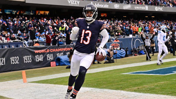 Dec 22, 2024; Chicago, Illinois, USA; Chicago Bears wide receiver Keenan Allen (13) reacts after a touchdown reception against the Detroit Lions during the second quarter at Soldier Field. Mandatory Credit: Daniel Bartel-Imagn Images