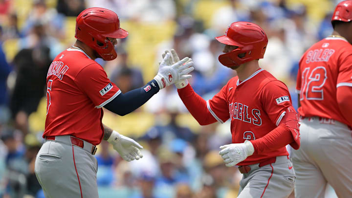 May 18, 2025; Los Angeles, California, USA; Los Angeles Angels outfielder Taylor Ward (3) celebrates with third base Yoan Moncada (5) after hitting a two run home run against the Los Angeles Dodgers in the first inning at Dodger Stadium. Mandatory Credit: Jayne Kamin-Oncea-Imagn Images May 18, 2025; Los Angeles, California, USA; Los Angeles Angels outfielder Taylor Ward (3) celebrates with third base Yoan Moncada (5) after hitting a two run home run against the Los Angeles Dodgers in the first inning at Dodger Stadium. Mandatory Credit: Jayne Kamin-Oncea-Imagn Images