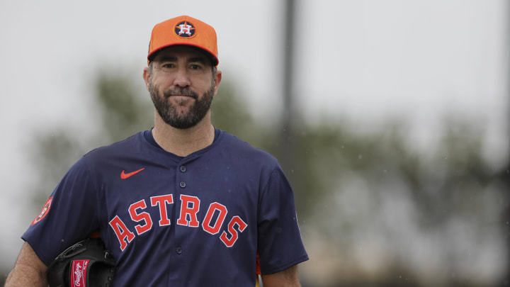 Feb 18, 2024; West Palm Beach, FL, USA; Houston Astros starting pitcher Justin Verlander (35) looks