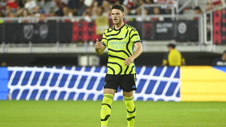 Jul 19, 2023; Washington, DC, USA; Arsenal midfielder Declan Rice (41) reacts after a play against MLS during the second half of the 2023 MLS All Star Game at Audi Field. Mandatory Credit: Brad Mills-Imagn Images