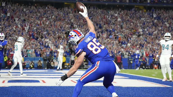 Buffalo Bills tight end Jackson Hawes celebrates scoring a touchdown against the Miami Dolphins.