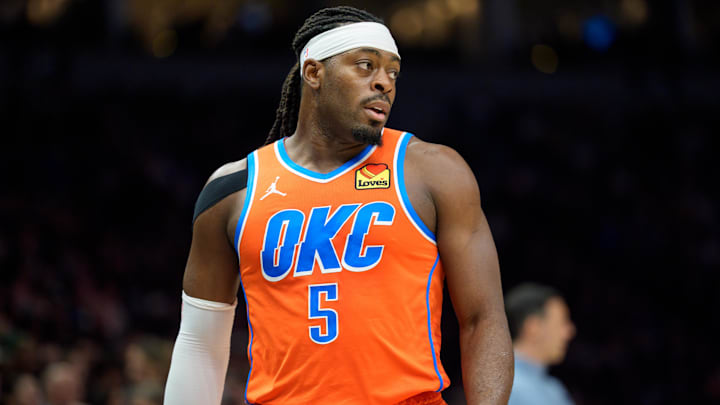 Jan 29, 2026; Minneapolis, Minnesota, USA; Oklahoma City Thunder guard Luguentz Dort (5) during a break in the action against the Minnesota Timberwolves in the third quarter at Target Center. Mandatory Credit: Matt Blewett-Imagn Images