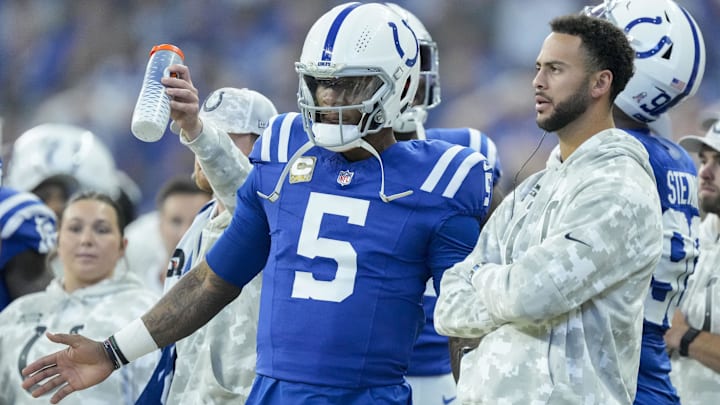 Nov 10, 2024; Indianapolis, Indiana, USA; Indianapolis Colts quarterback Anthony Richardson (5) watches the action on the field from the sideline Sunday, Nov. 10, 2024, during a game against the Buffalo Bills at Lucas Oil Stadium in Indianapolis. Mandatory Credit: Grace Hollars-USA TODAY Network via Imagn Images
