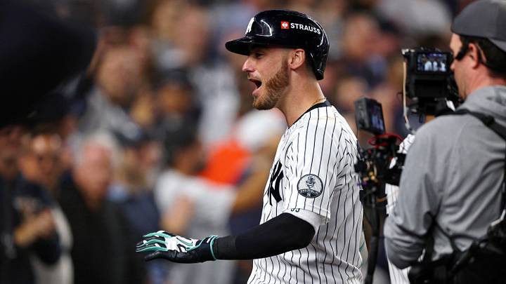Sep 30, 2026; Bronx, New York, USA; New York Yankees outfielder Cody Bellinger (35) reacts after hitting a three run home run in the sixth inning against the Boston Red Sox during game two of the Wildcard round for the 2026 MLB Playoffs at Yankee Stadium. Mandatory Credit: Vincent Carchietta-Imagn Images Sep 30, 2026; Bronx, New York, USA; New York Yankees outfielder Cody Bellinger (35) reacts after hitting a three run home run in the sixth inning against the Boston Red Sox during game two of the Wildcard round for the 2026 MLB Playoffs at Yankee Stadium. Mandatory Credit: Vincent Carchietta-Imagn Images