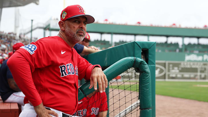 Feb 22, 2026; Fort Myers, Florida, USA; Boston Red Sox manager Alex Cora (13) looks on during the first inning against the Toronto Blue Jays at JetBlue Park at Fenway South. Mandatory Credit: Kim Klement Neitzel-Imagn Images Feb 22, 2026; Fort Myers, Florida, USA; Boston Red Sox manager Alex Cora (13) looks on during the first inning against the Toronto Blue Jays at JetBlue Park at Fenway South. Mandatory Credit: Kim Klement Neitzel-Imagn Images